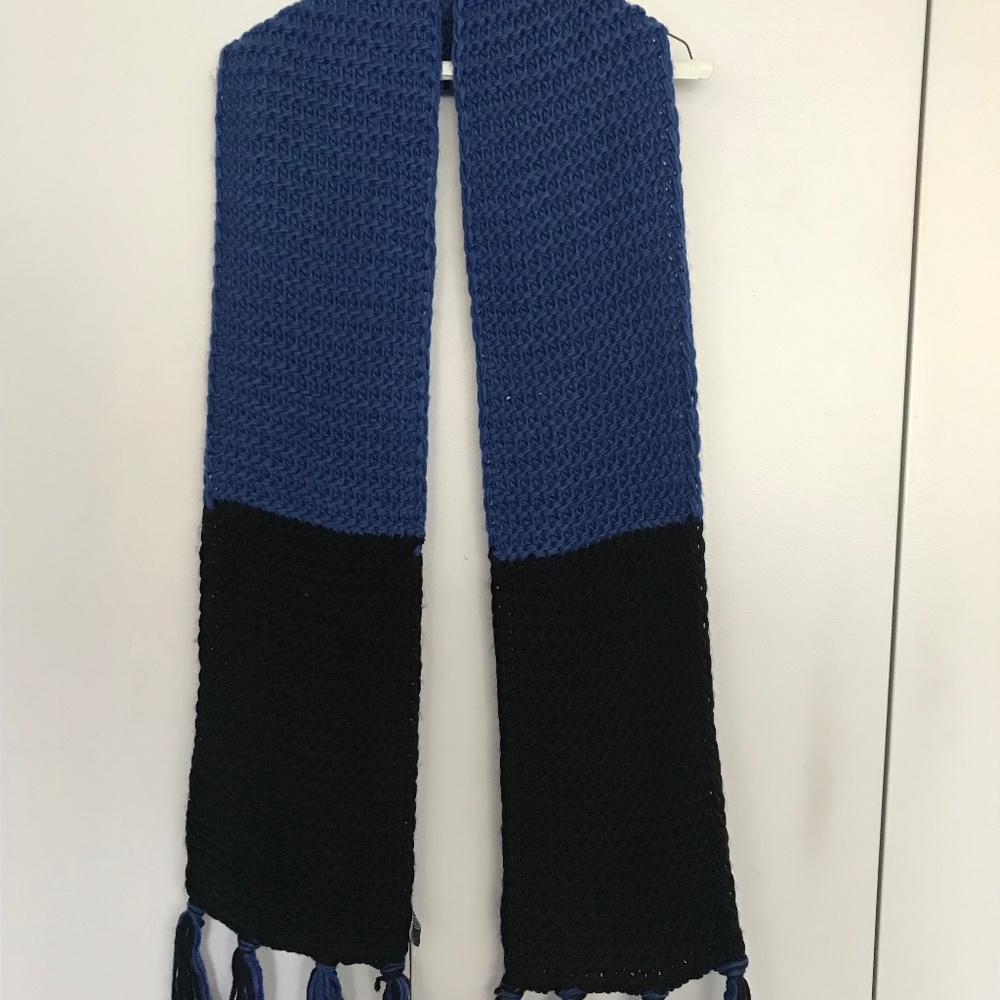 Classic Black & Blue Acrylic Knit Scarf with Fringe